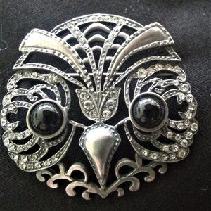 Vintage Sterling Silver and Black Onyx Brooch with Austrian Crystals